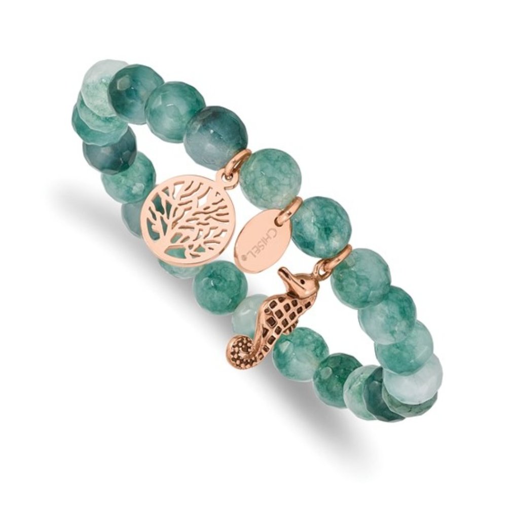 Stainless Steel Rose IP Green Jade Bracelet